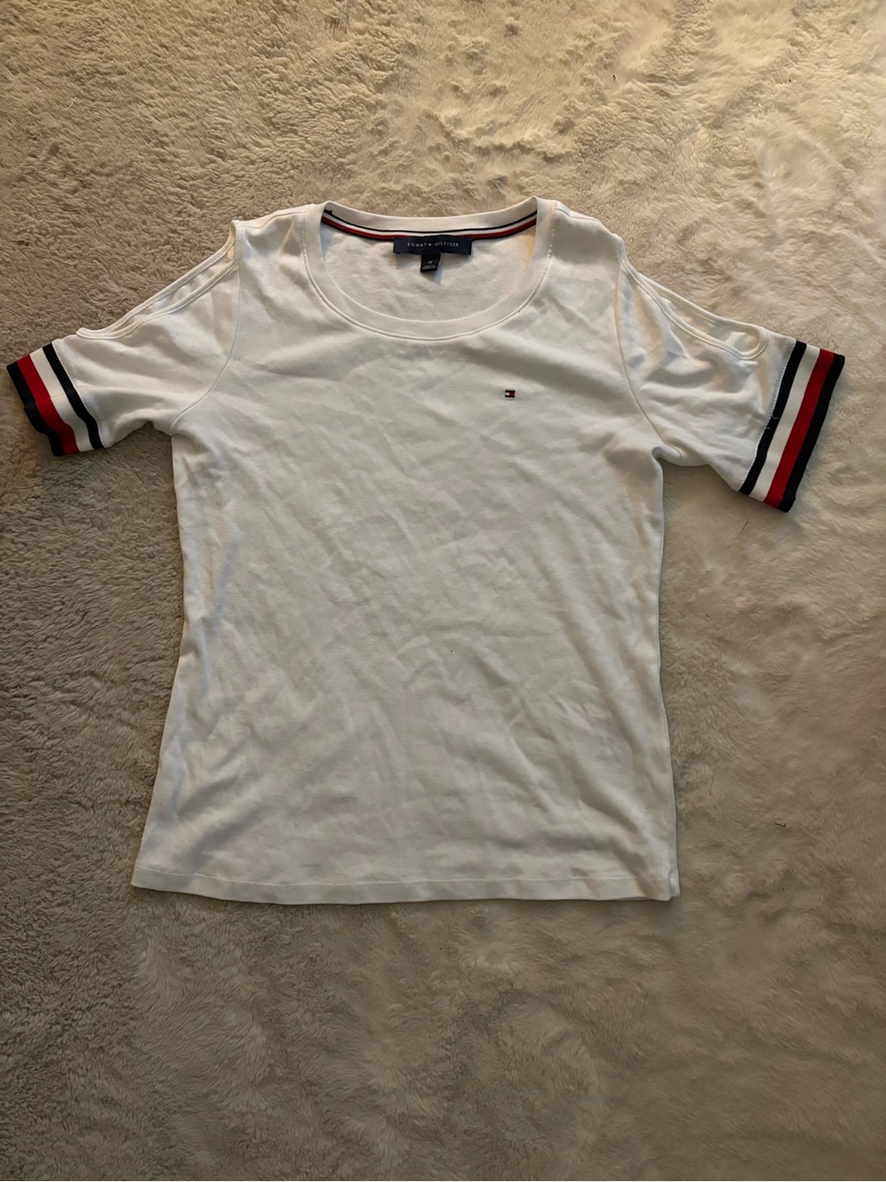 Tommy Hilfiger White Short Sleeve Tee with Red & Navy Stripe Trim
